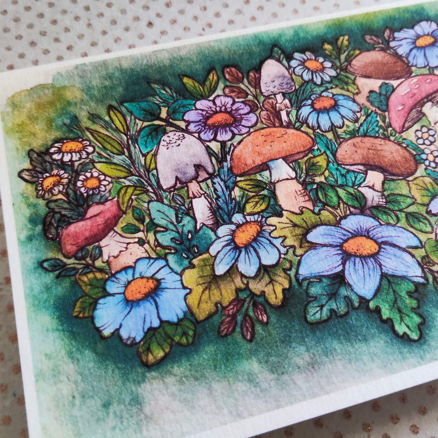 Illustration aquarelle champignons et fleurs sauvages, ambiance forêt enchantée, nature et magie