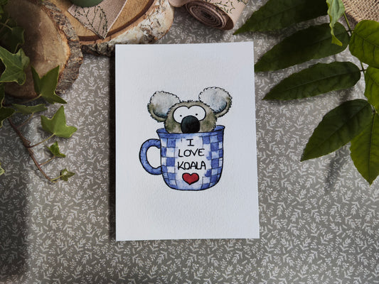 Carte koala mignon dans une tasse – Illustration imprimée A6 - Animal Aquarelle