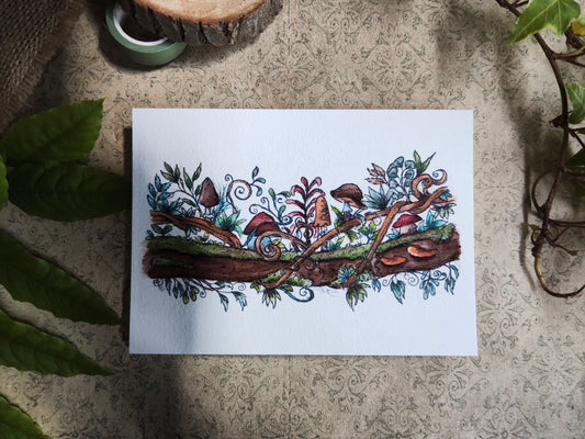 Carte A6 champêtre illustrée – Branche fleurie avec champignons, aquarelle imprimée d’une illustration magique et botanique, carte nature