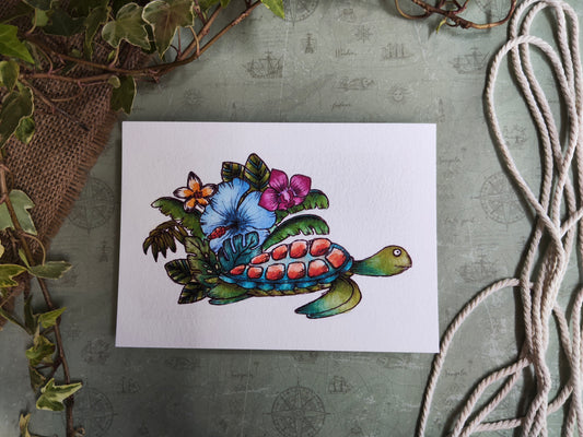 Illustration été – Tortue marine et feuillage tropical à l’aquarelle – Format A6