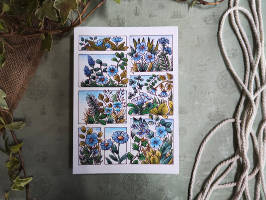 Carte fleurie A6 – Fleurs bleues à l’aquarelle – Art botanique imprimé sur papier 300g