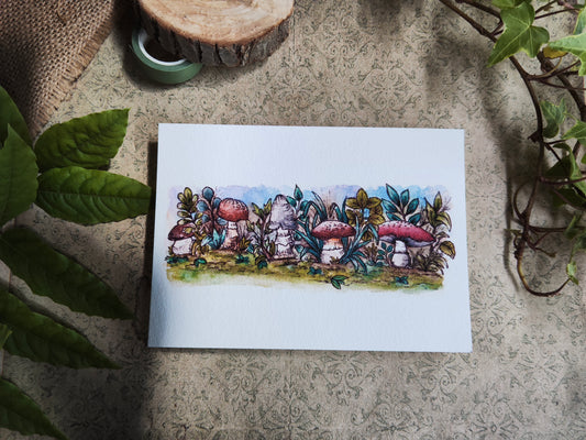 Carte A6 féerique - Fleurs, feuilles et champignons - Illustration à l’aquarelle