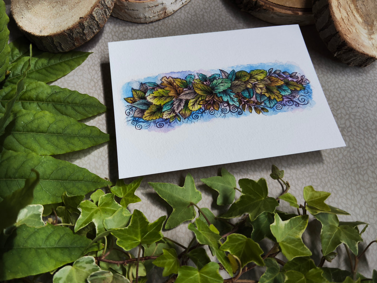 Carte illustrée – Feuillage poétique & cadre nature – Aquarelle verdoyante – Format A6