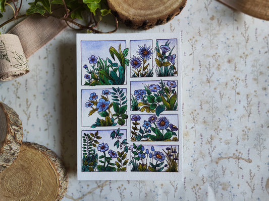 Illustration florale A6 – Fleurs violet à l’aquarelle – Carte déco imprimée papier texturé