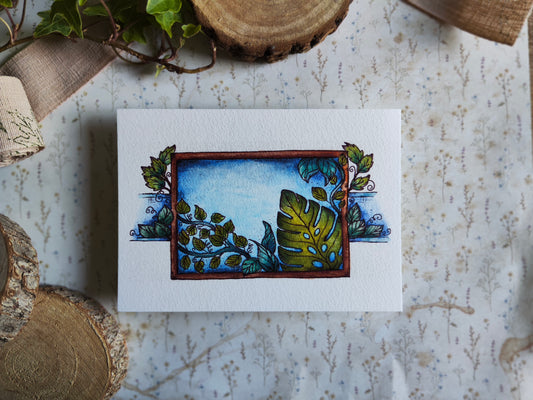 Carte illustrée – Feuillage & cadre nature – Aquarelle verdoyante – Format A6