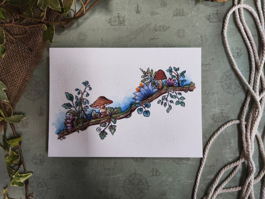 Carte A6 branche fleurie et champignons – Illustration aquarelle botanique, nature douce et magique – Aquarelle magie