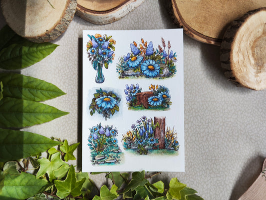 Carte A6 illustrée – Fleurs bleues et nature en forêt, aquarelle florale douce