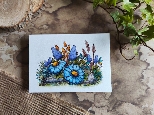 Carte A6 fleurie – Illustration aquarelle originale – Marguerites bleues et fleurs des champs