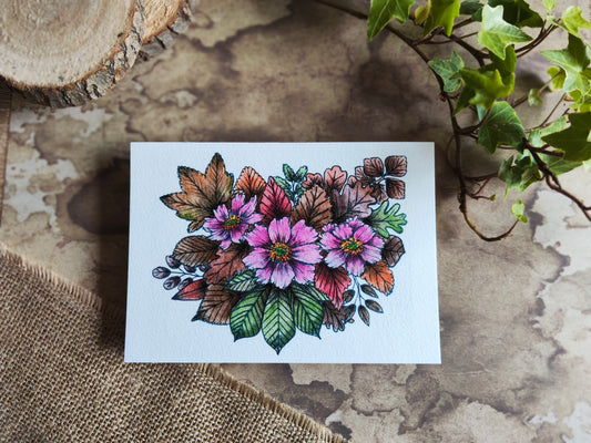 Carte A6 - Fleurs rose & feuillage - Impression aquarelle botanique Anémone du Japon