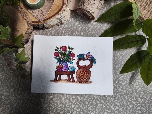 Carte illustrée – Hibou gourmand & fleurs – Goûter fleuri à l’aquarelle – Format A6