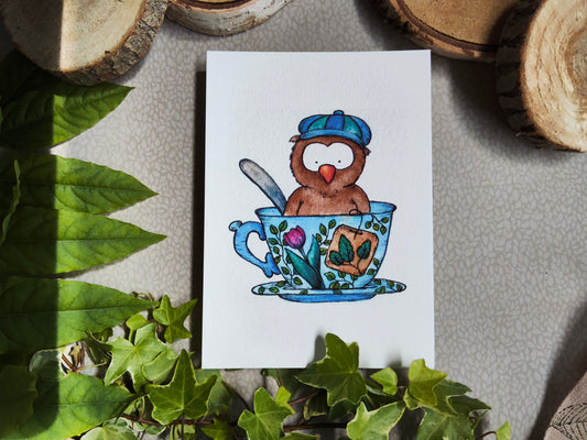 Carte illustrée – Hibou dans une tasse de thé – Aquarelle douce – Format A6