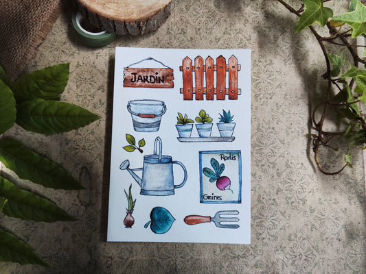 Carte illustrée – Jardin d’aquarelle – Outils, semis & nature – Format A6