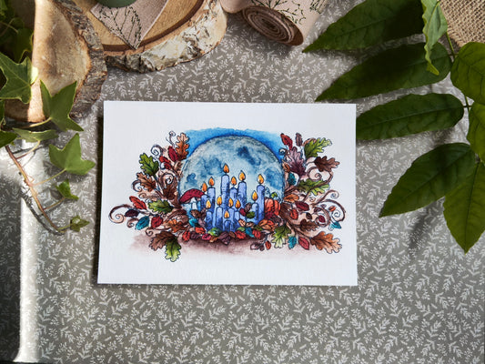 Carte A6 "Clair de lune et bougies enchantées" – Illustration à l’aquarelle, ambiance automnale et magique