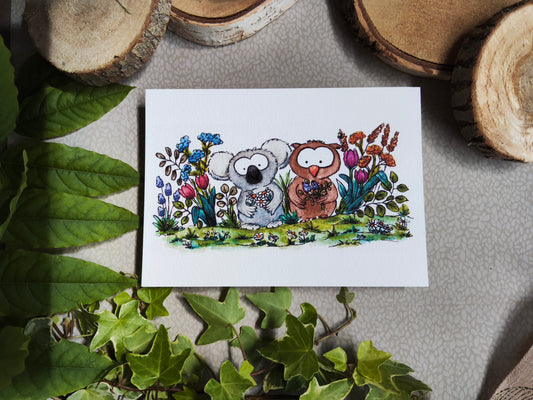 Carte illustrée A6 – Koala et Hibou fleuris – Illustration Animaux à l’aquarelle