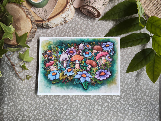 Illustration aquarelle champignons et fleurs sauvages, ambiance forêt enchantée, nature et magie