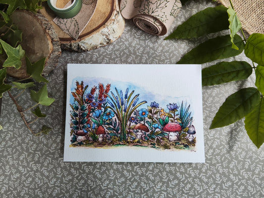Carte A6 - Illustration aquarelle champignons et fleurs sauvages - Nature enchantée