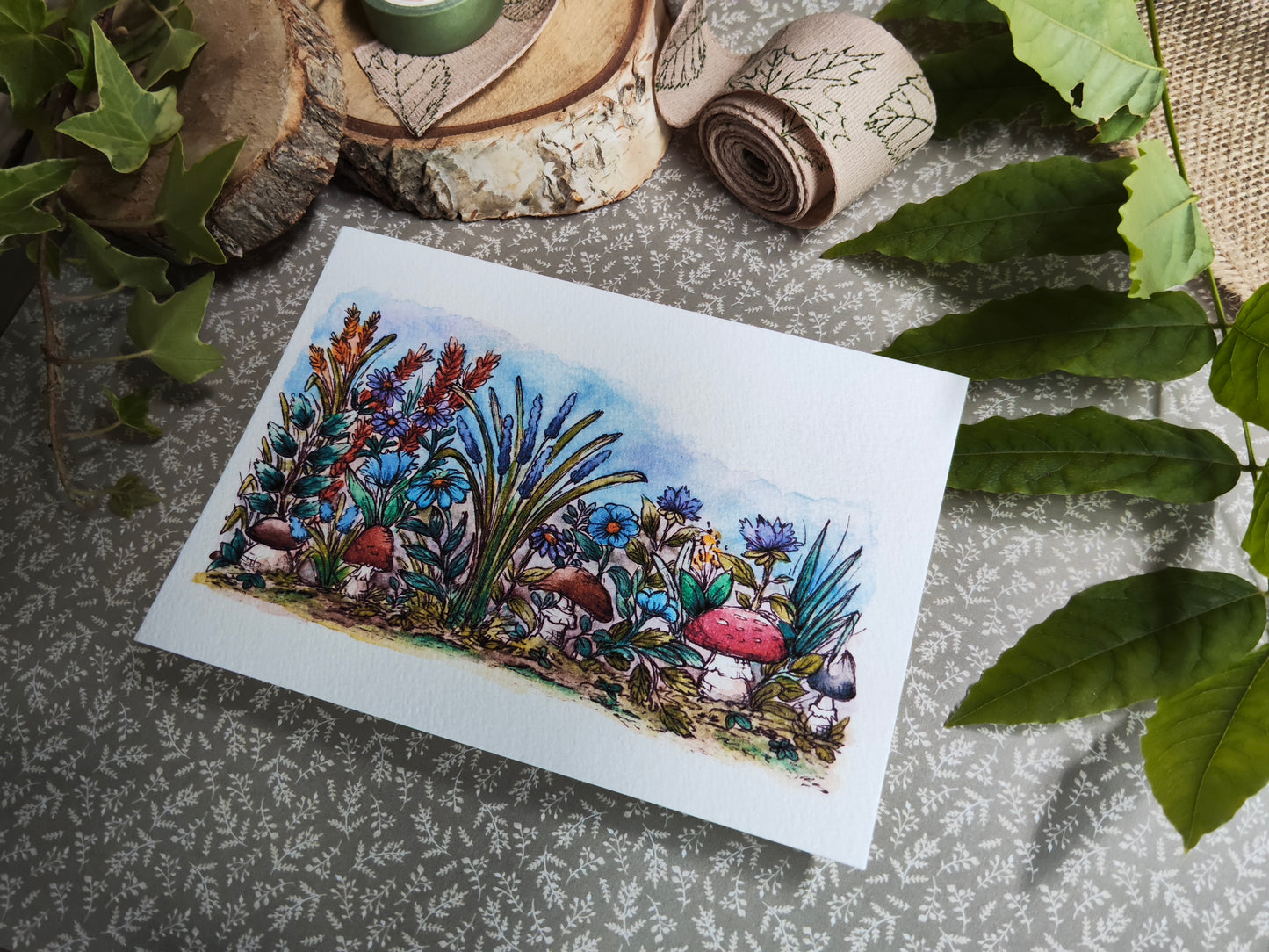 Carte A6 - Illustration aquarelle champignons et fleurs sauvages - Nature enchantée