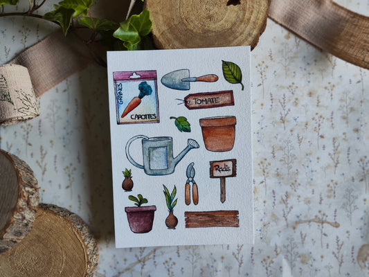 Carte illustrée A6 – Illustration aquarelle outils de jardinage, graines, potager, légumes, jardin et nature