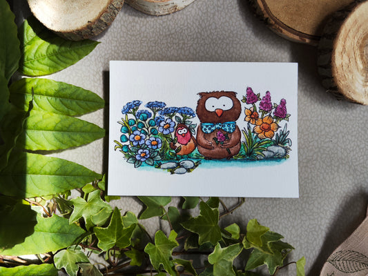 Carte A6 Hibou marron, oiseau Rouge Gorge et fleurs colorées – Illustration imprimée à l’aquarelle, nature mignonne