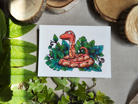 Carte A6 "Python feuillu" – Illustration à l’aquarelle, serpent totem et nature