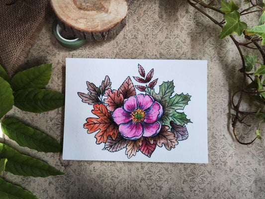 Carte A5 – Anémone du Japon à l’aquarelle – Illustration florale automnale