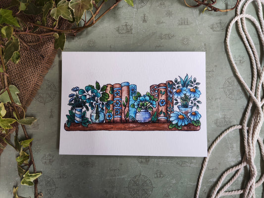 Carte A6 – Illustration aquarelle bibliothèque fleurie bleu – Art floral et lecture