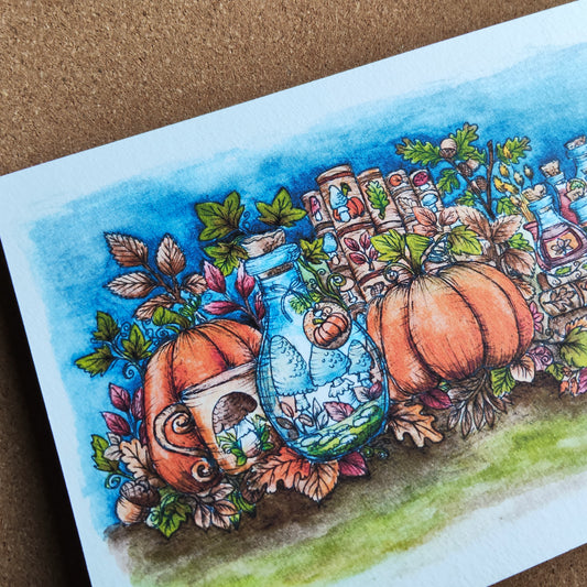 Affiche A5 Paysage Saison Automne Citrouille Livre Féerique