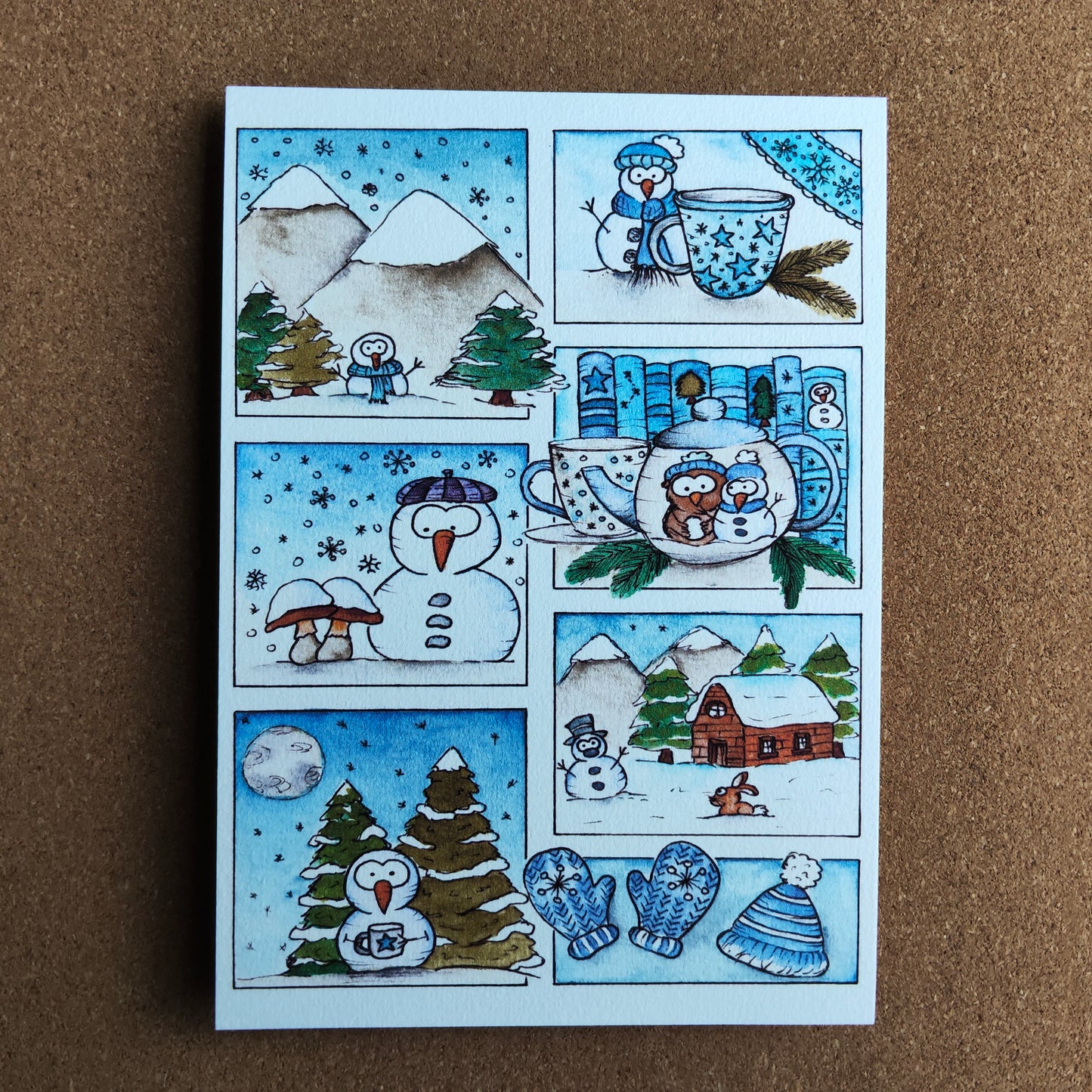 Affiche A5 Saison Hiver Moodboard Bleu Neige Flocon Chalet Sapin