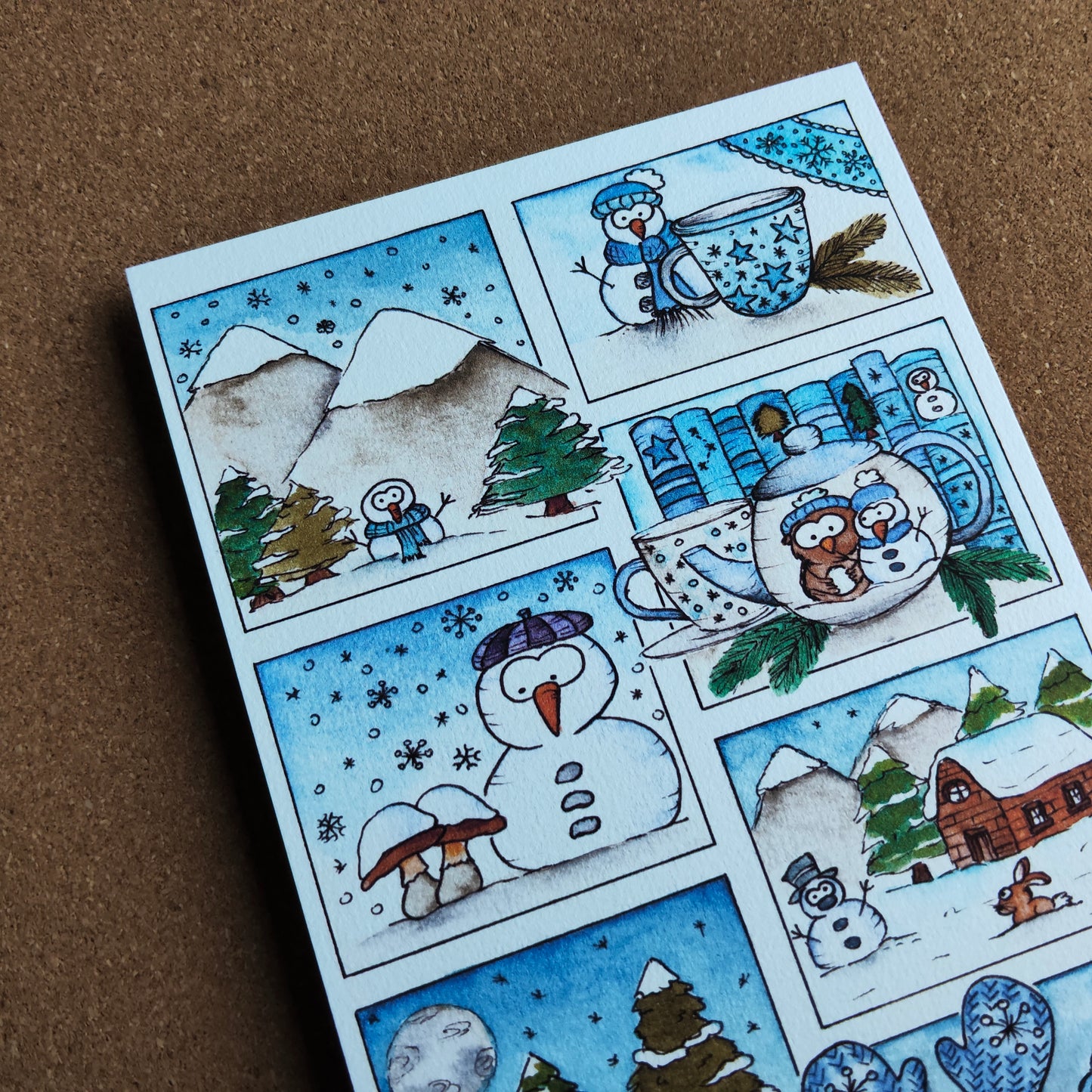 Affiche A5 Saison Hiver Moodboard Bleu Neige Flocon Chalet Sapin