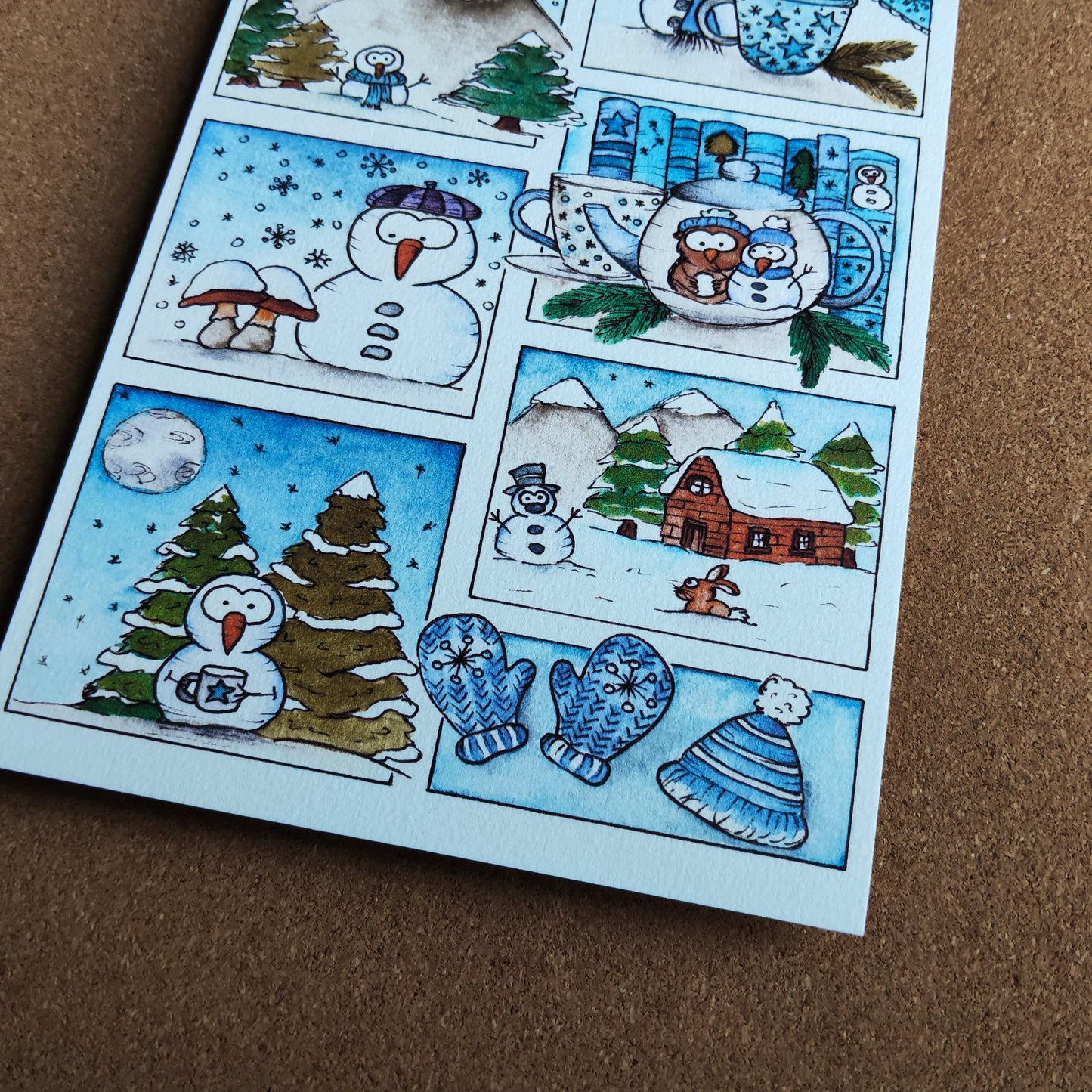 Affiche A5 Saison Hiver Moodboard Bleu Neige Flocon Chalet Sapin