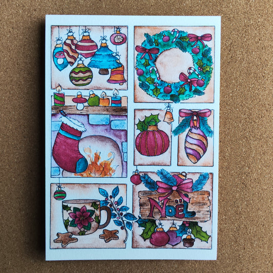 Affiche A5 Noël Cheminé Couronne Ornement Moodboard