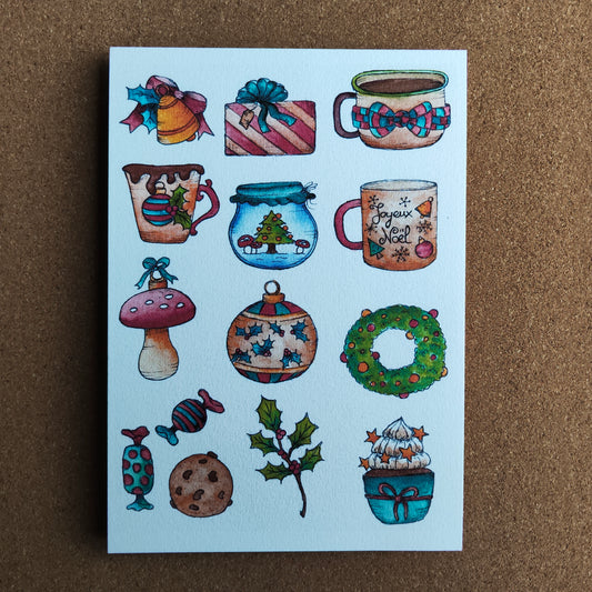 Affiche A5 Motifs de Noël Mug Champignon Ornement Sapin Houx