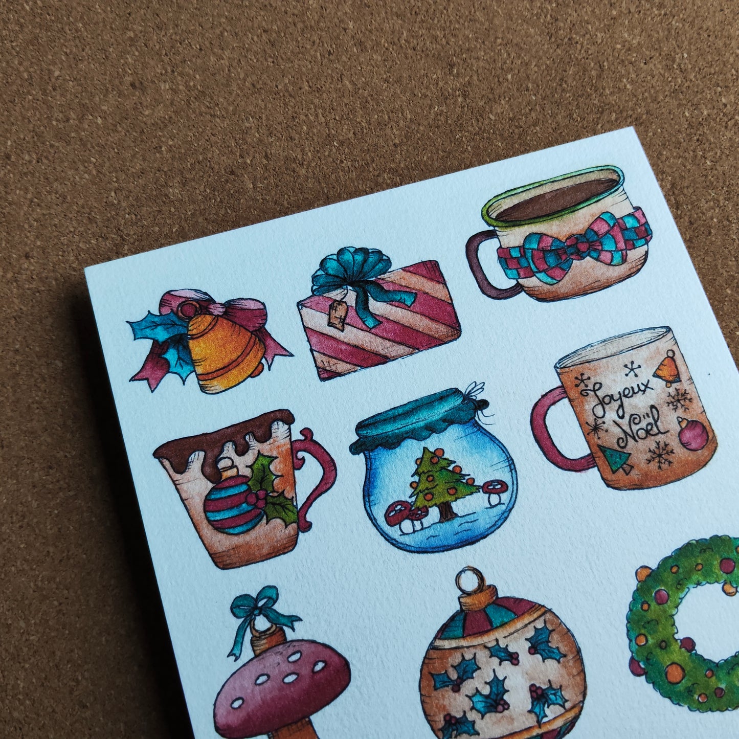 Affiche A5 Motifs de Noël Mug Champignon Ornement Sapin Houx