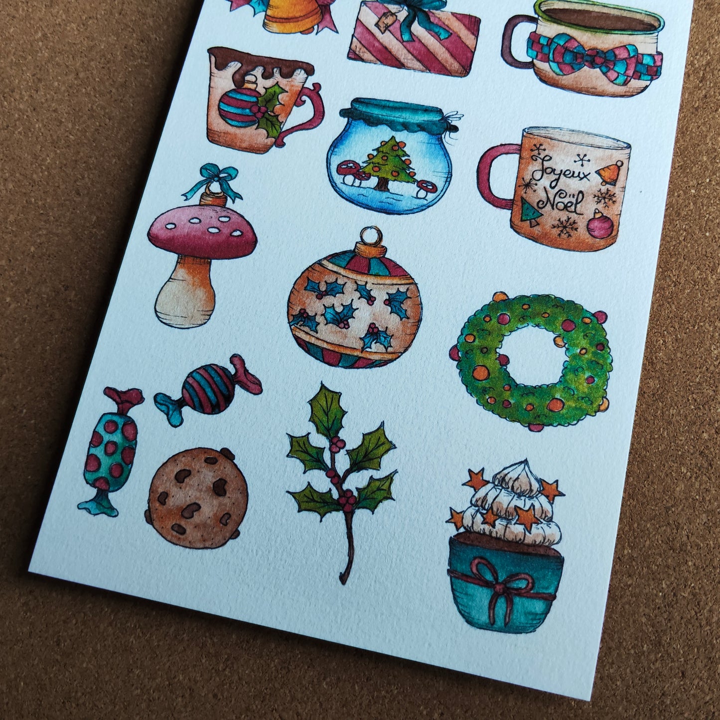 Affiche A5 Motifs de Noël Mug Champignon Ornement Sapin Houx