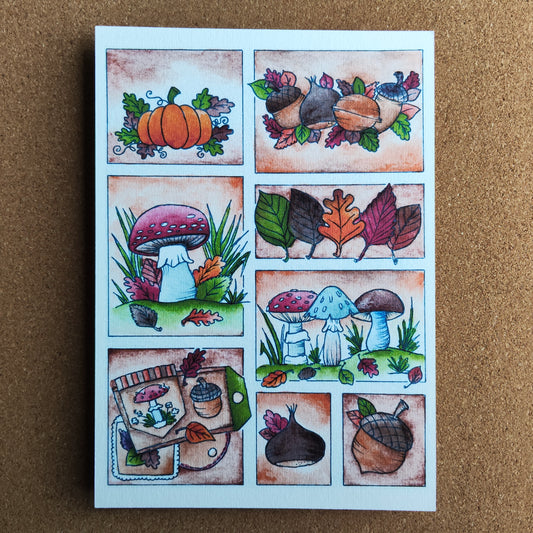 Affiche A5 Saison Automne Feuillage Gland Noix Champignon