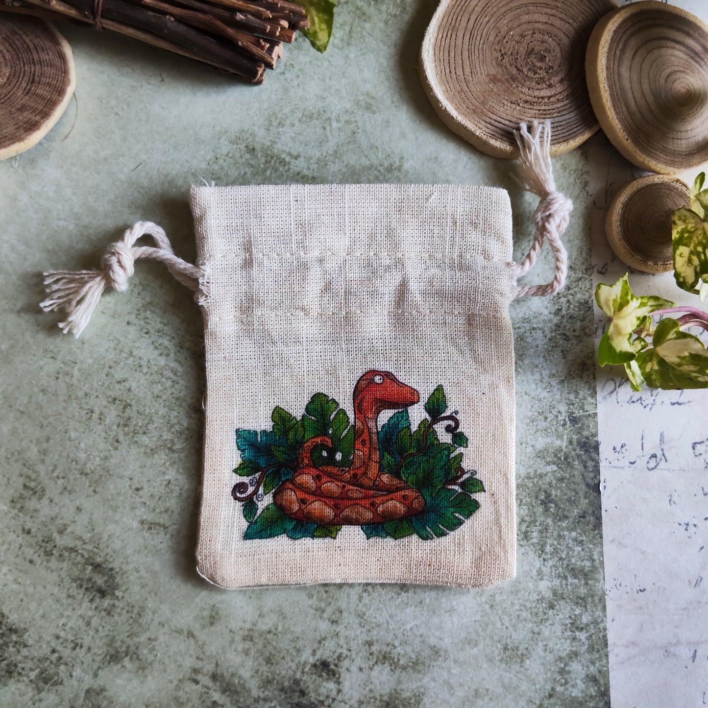 Pochon en tissu décoré d’un serpent tropical – Illustration à l’aquarelle – Sac pochette cadeau nature jungle