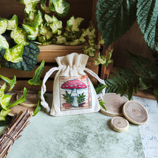 Pochon en tissu décoré de champignons – Illustration aquarelle automne nature – Sac pochette cadeau