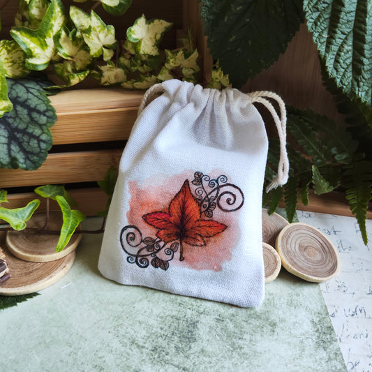 Pochon en tissu décoré de feuille d’automne et Arabesque – Illustration aquarelle – Sac pochette nature