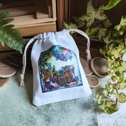 Pochon en tissu décoré de fleurs violettes – Illustration aquarelle florale – Sac pochette cadeau
