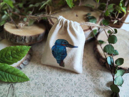 Pochon “Oiseau Bleu” Martin Pêcheur – Petit Sac Illustré en Tissu