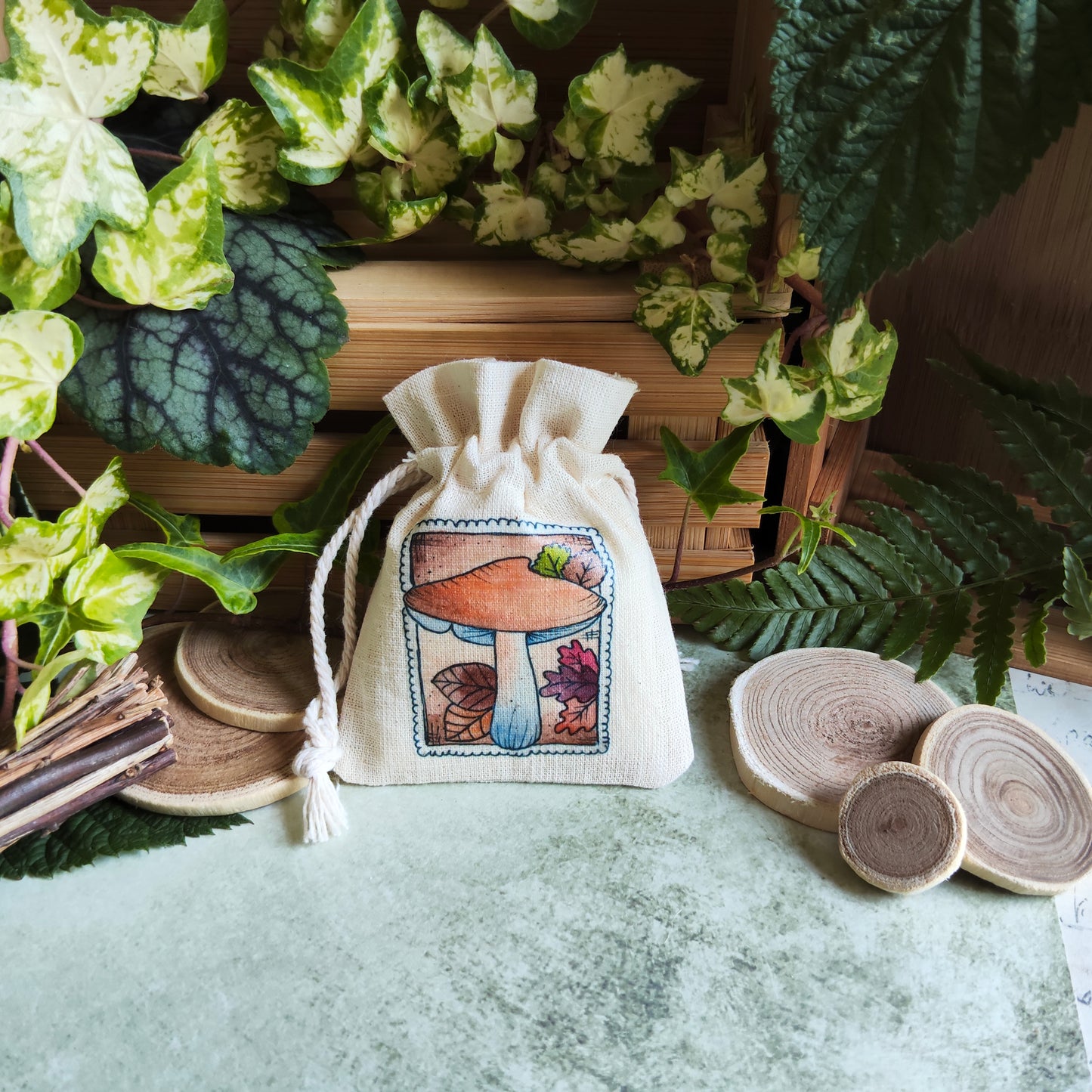 Pochon timbre champignon – Illustration automnale à l’aquarelle - Saison Automne