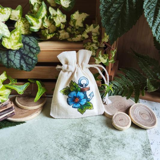 Pochon ancre & fleurs bleues – Monde Marin - Illustration à l’aquarelle