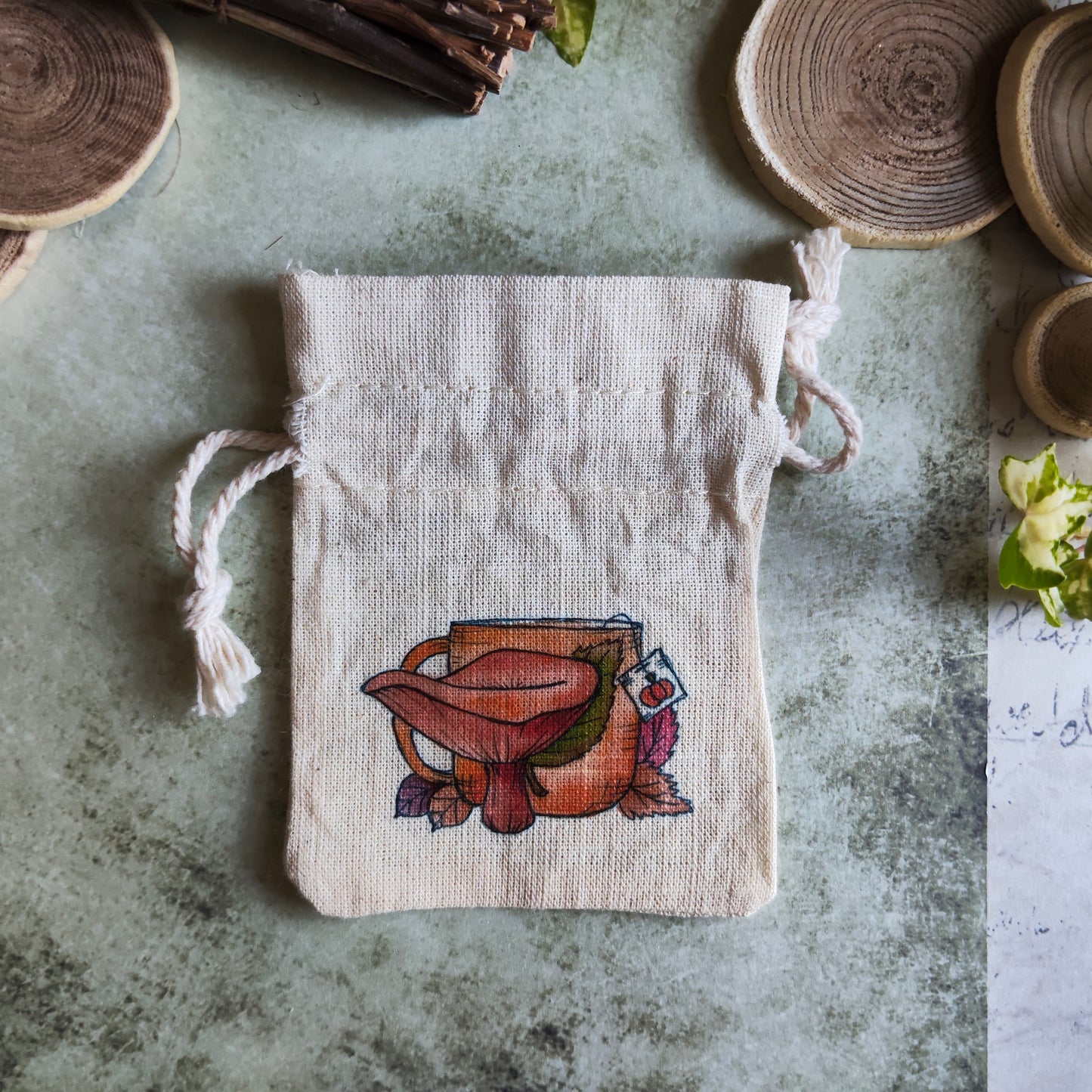 Pochon tasse champignon Brun Ocre – Illustration automnale à l’aquarelle - Saison Automne