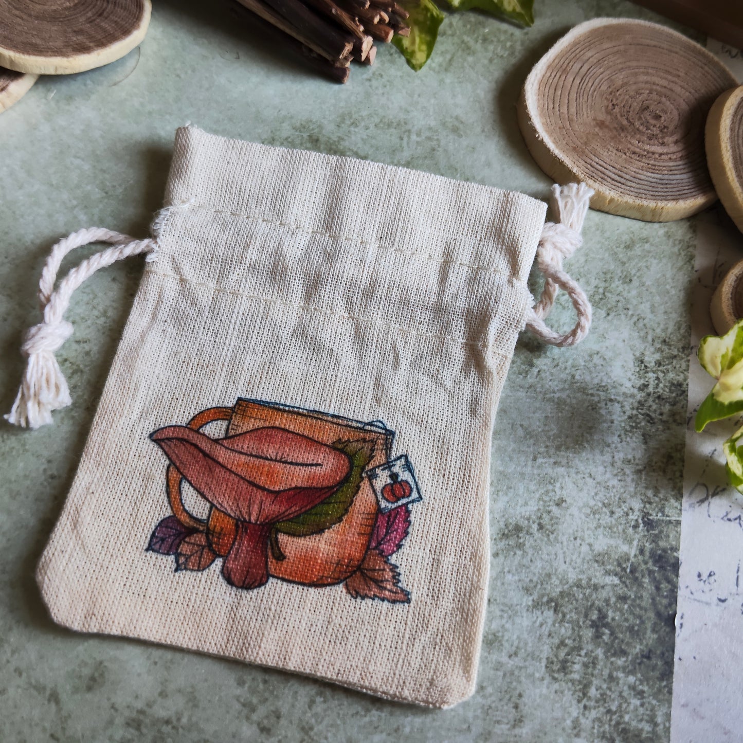 Pochon tasse champignon Brun Ocre – Illustration automnale à l’aquarelle - Saison Automne