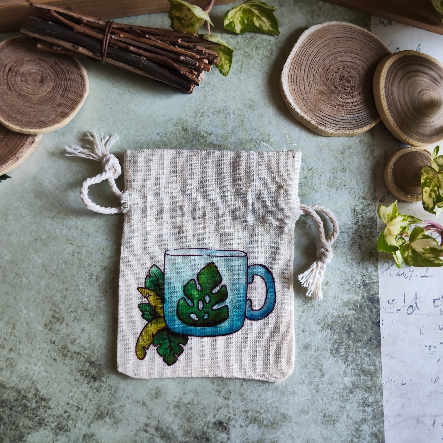 Pochon tasse & feuille tropicale - Mug Saison été – Illustration à l’aquarelle