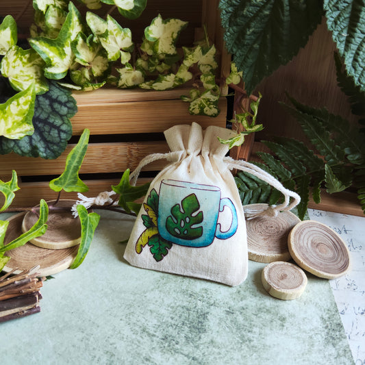 Pochon tasse & feuille tropicale - Mug Saison été – Illustration à l’aquarelle
