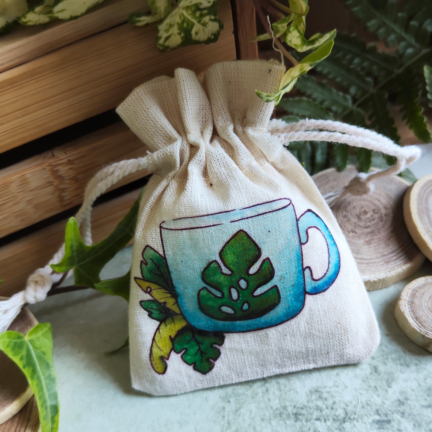 Pochon tasse & feuille tropicale - Mug Saison été – Illustration à l’aquarelle