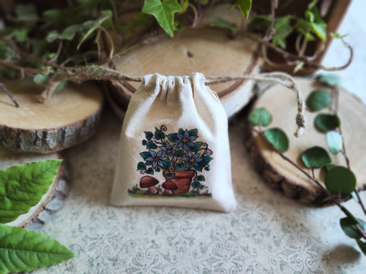 Pochon Plantes en Pot Fleurs Bleu - Petit Champignons – Petit Sac Illustré Jardin Doux