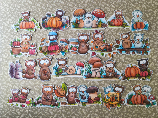 Lot de 21 Stickers Aquarelle – Automne, Citrouilles et Petits Animaux Hiboux