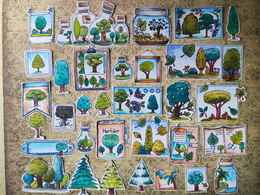 Lot de 33 Stickers Aquarelle – Forêt, Arbres et Nature - Feuille Feuillage
